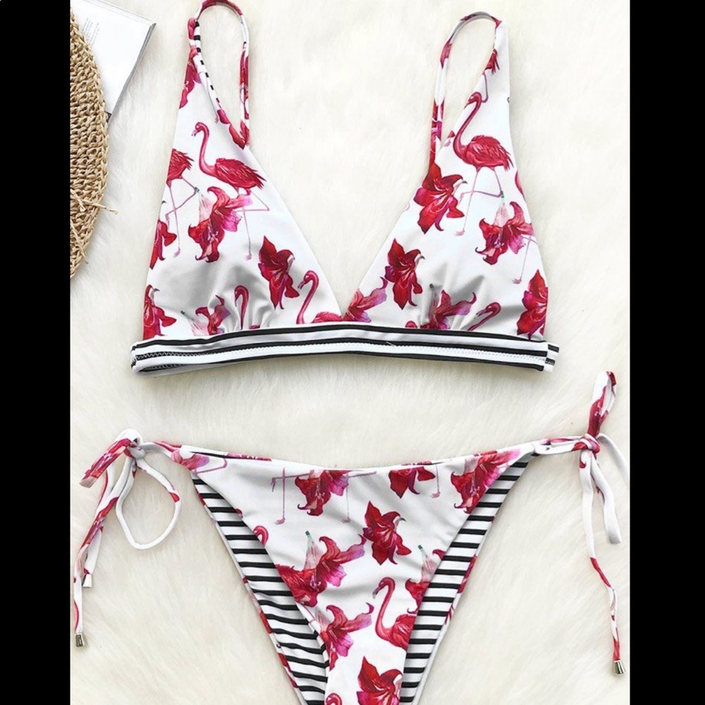 Cupshe Reversible Flamingo Striped Bikini